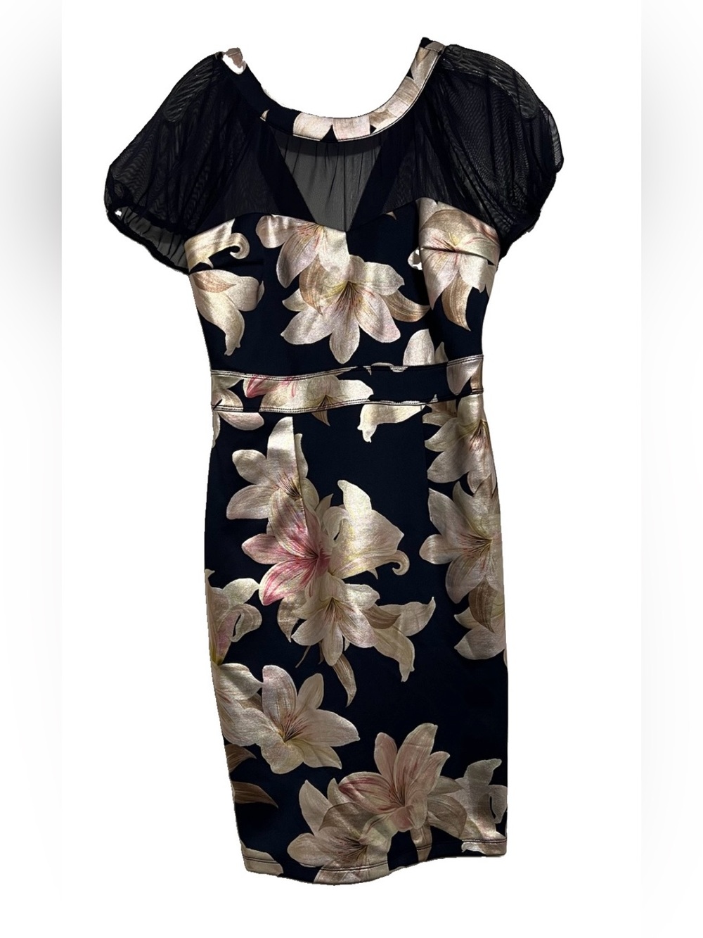 Alexa B Nites Women’s 6 Calla Lilies Floral Cocktail Sheath Dress Navy Foil Mesh